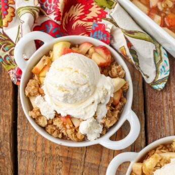 Apple Rhubarb Crisp in dishes with ice cream on top