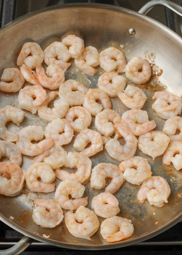 Overhead shot on shrimp in skillet pan