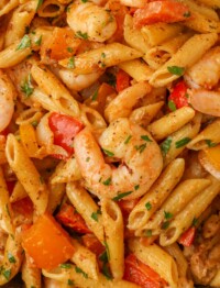 Overhead close-up shot of creamy pasta with shrimp and bell peppers