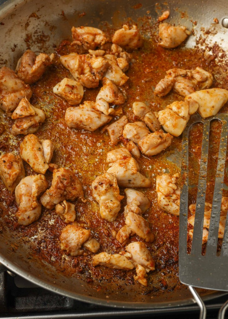 Overhead shot on chicken in skillet pan