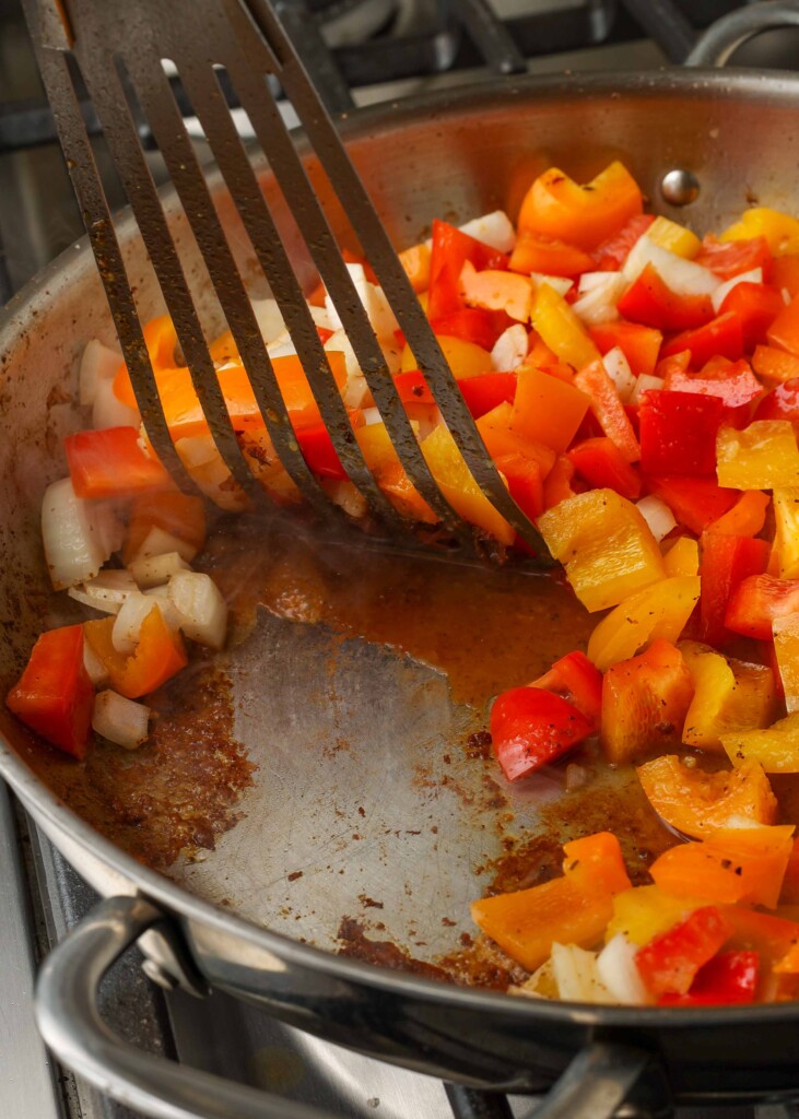 Overhead shot on bell peppers in skillet pan