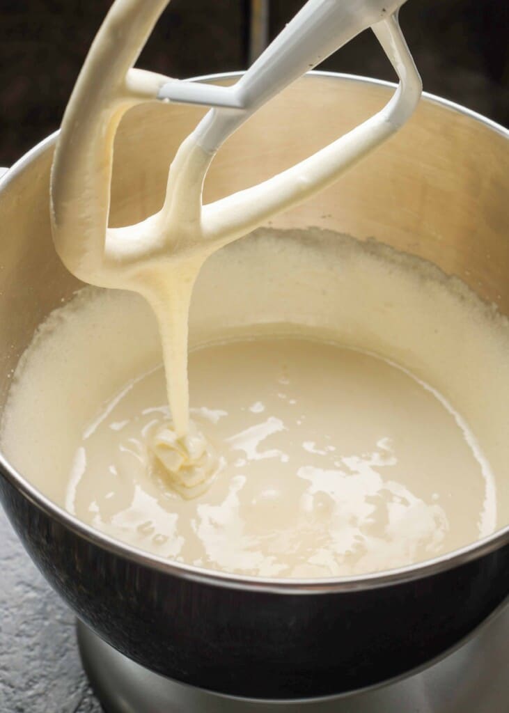 stand mixer paddle over beaten egg white