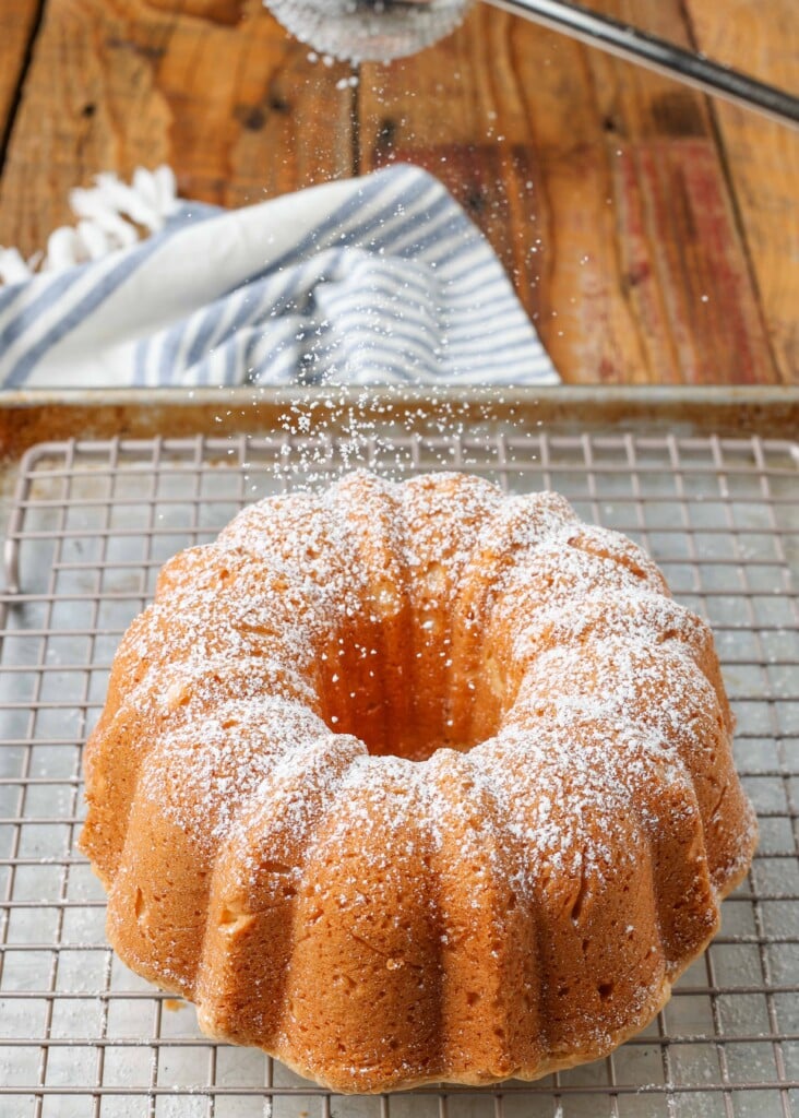 powdered sugar dusting over cake on cooling rack