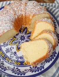 sliced bundt cake on printed blue plate