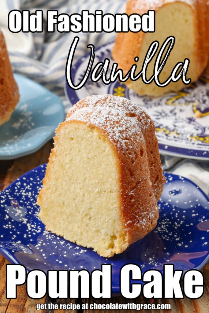 close up of sliced pound cake on blue plate