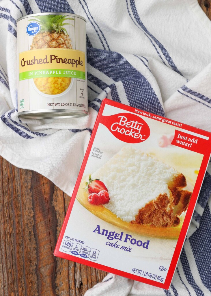 ingredients for pineapple angel food cake. Canned crushed pineapple and betty crocker angel food cake mix.