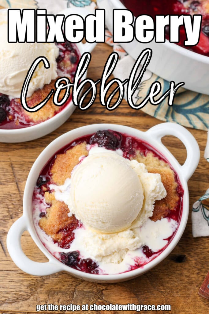 close up overhead photo of ice cream melting over a serving of berry cobbler