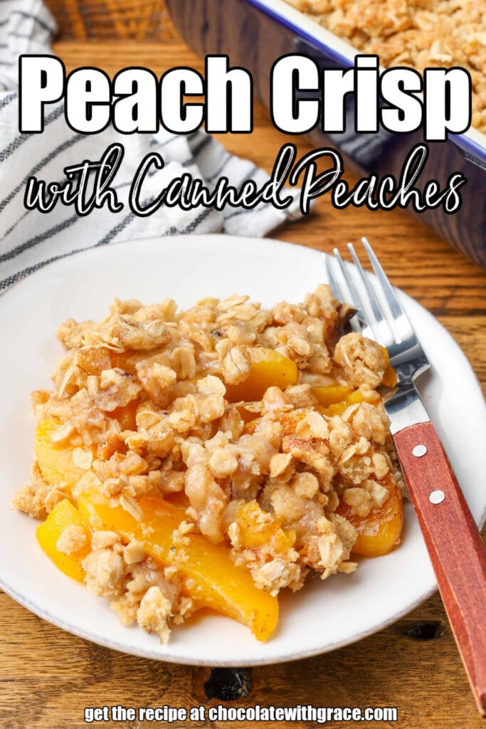 peach crisp on white plate with fork