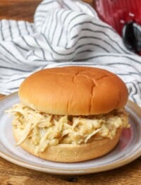 chicken sandwich on plate next to crockpot