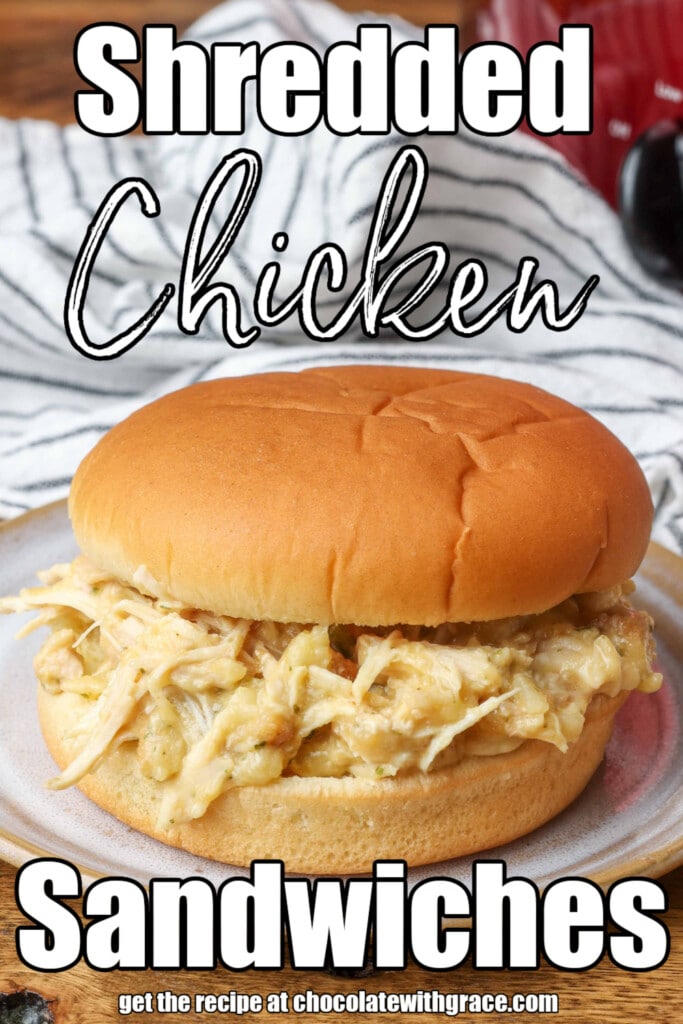 close up of sandwich with shredded chicken  with text overlay