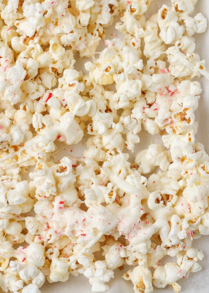 White Chocolate Peppermint Popcorn on parchment