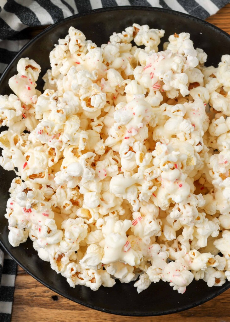 chocolate popcorn with crushed candy canes