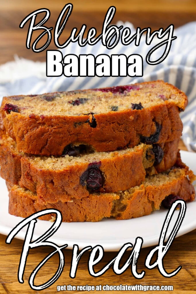 slices of banana bread on plate with striped towel and text describing the photo overlaid.