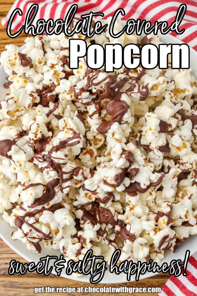 chocolate drizzled popcorn on a pan with text overlay describing the photo