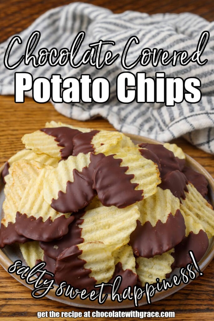 chocolate dipped potato chips on a plate with a striped towel in the background and text overlaid describing the photo