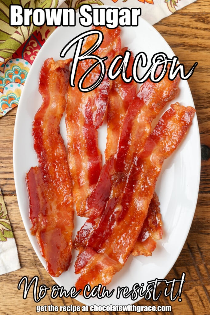 candied bacon on plate with text overlay