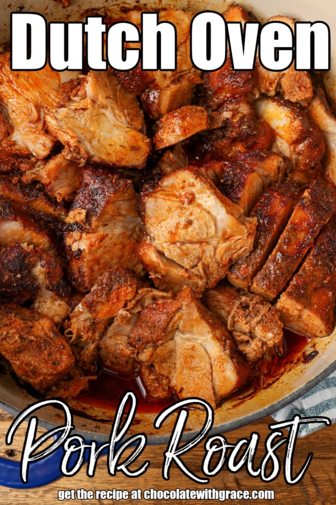 dutch oven pork roast in a blue dutch oven with text overlay describing the photo