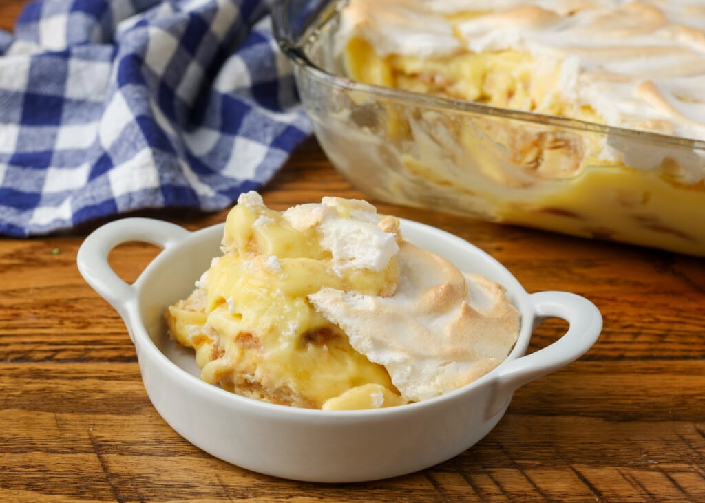 Layered Banana Pudding in casserole dish  