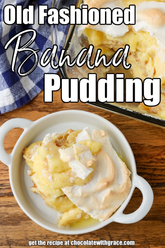 individual serving of banana pudding in white dish next to baking dish on wooden table