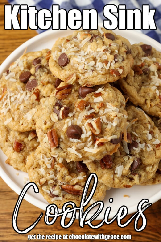 kitchen sink cookies on a white plate with a text overlay describing the photo