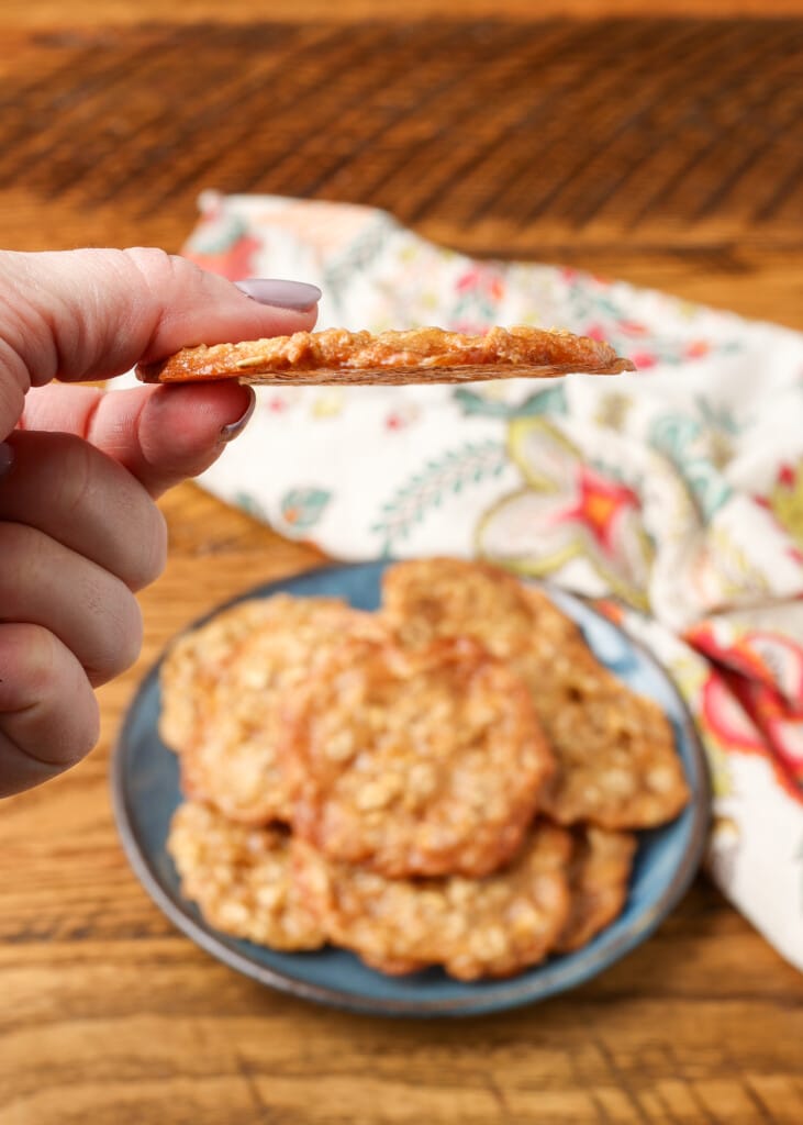 very thin lace oatmeal cookie held in hand