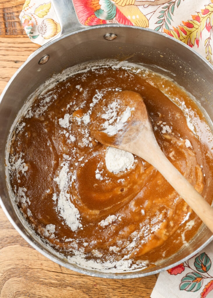 butter, sugar, and flour mixture in saucepan