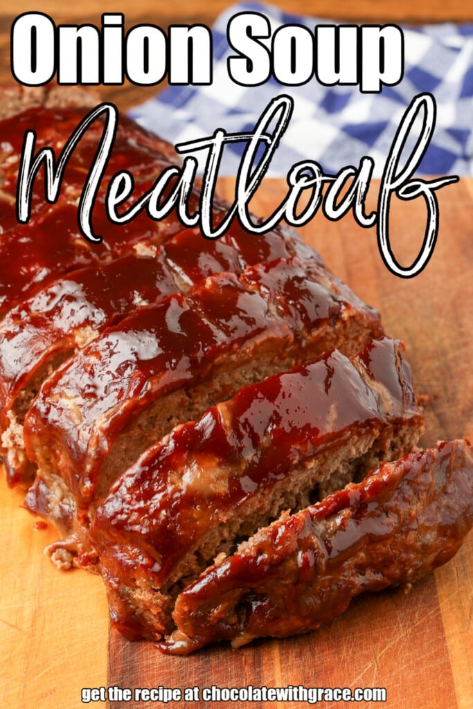 close up of glazed meatloaf with text overlay