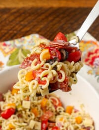 large spoonful of pasta salad