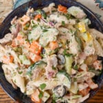 close up overhead photo of pasta salad with tuna and vegetables