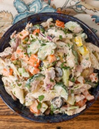 close up overhead photo of pasta salad with tuna and vegetables