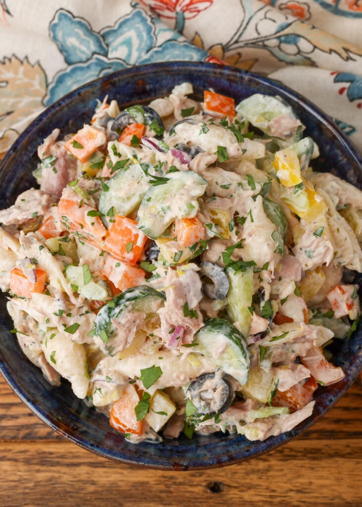 close up overhead photo of pasta salad with tuna and vegetables