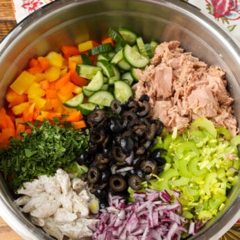 pasta salad ingredients in bowl