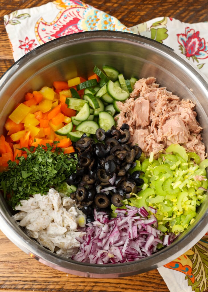 pasta salad ingredients in bowl