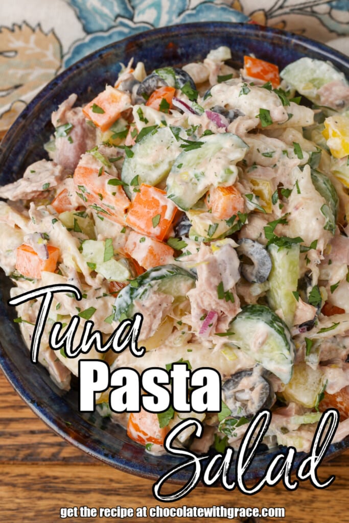 close up of pasta with tuna in bowl with text overlay