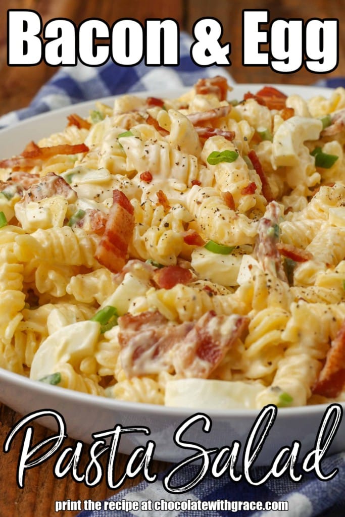 close up shot of creamy pasta salad with bacon and eggs