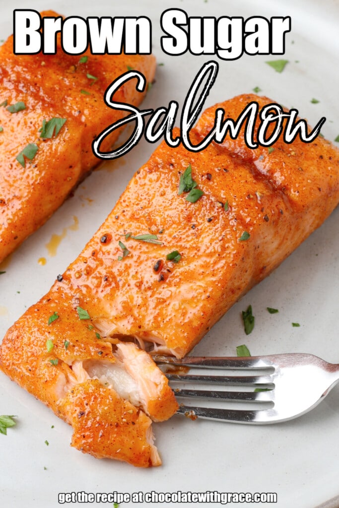 brown sugar salmon on a plate with a fork and text overlay describing the photo