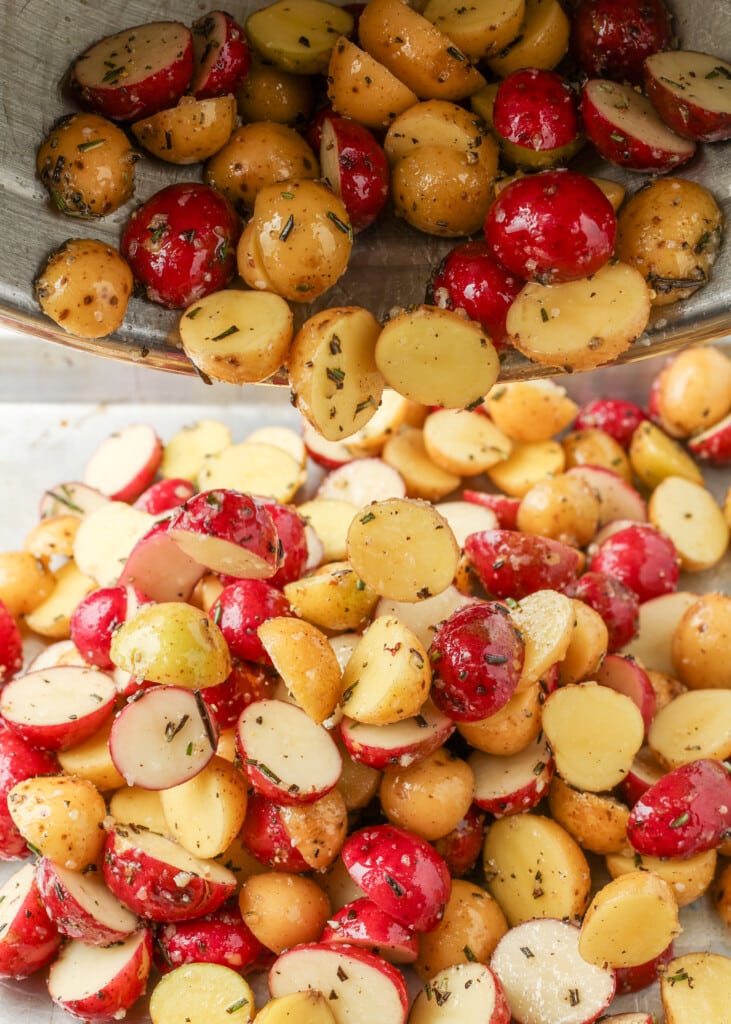 rosemary garlic roasted potatoes on a sheet pan
