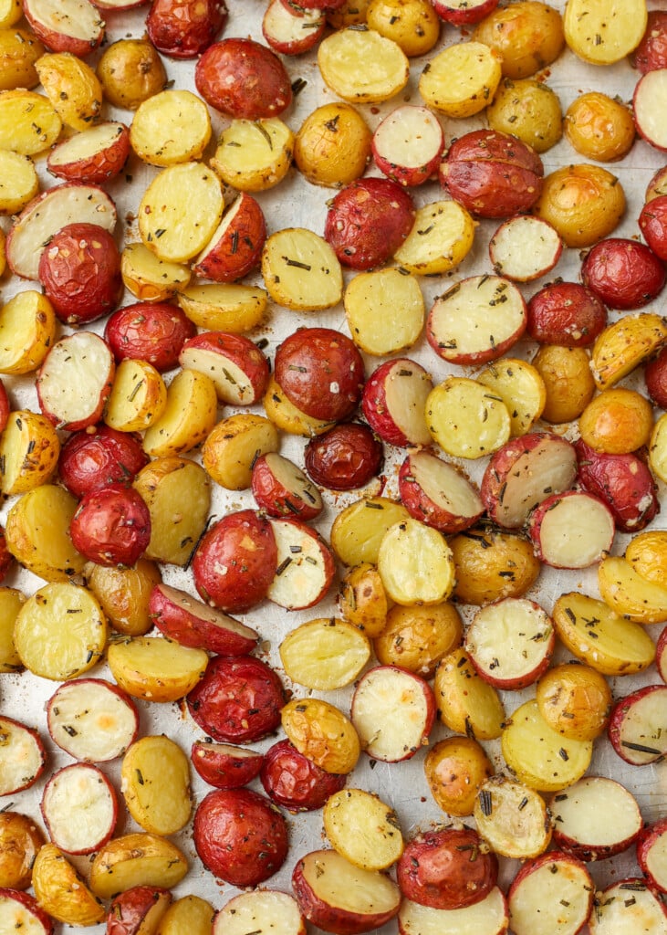 rosemary garlic roasted potatoes on a sheet pan