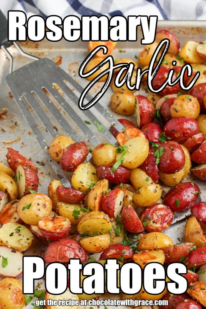 rosemary garlic roasted potatoes on a sheet pan with a spatula with text overlay describing the photo