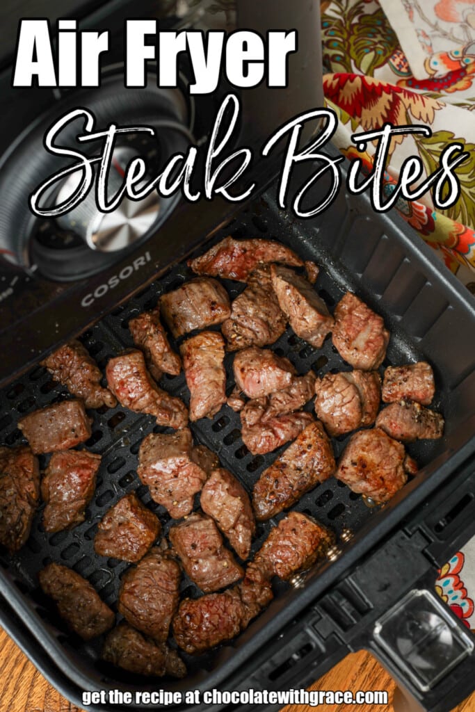 steak pieces in the air fryer with text overlay