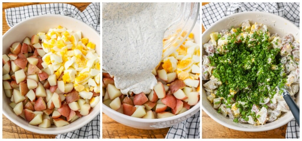 collage of ingredient photos for potato salad