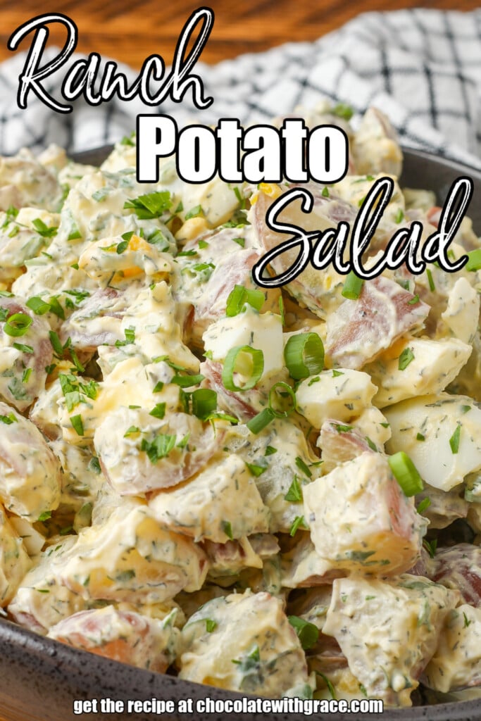 close up of potato salad with text overlay on photo