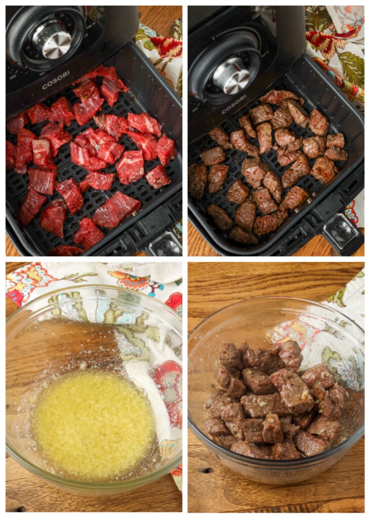 steak bites and garlic butter sauce in photo collage