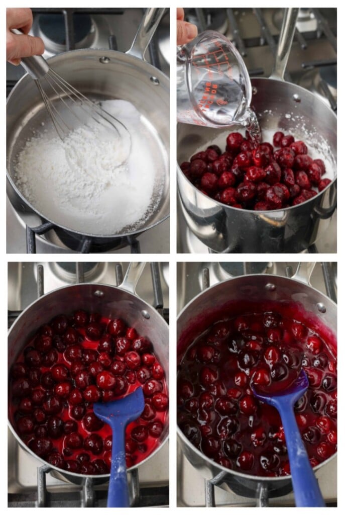 photo collage of steps to making pie filling with frozen cherries