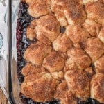 bubbling blueberry cobbler in baking dish