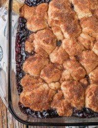 bubbling blueberry cobbler in baking dish