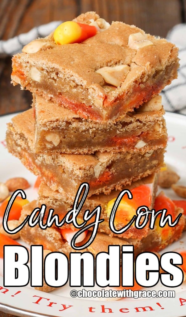 Candy Corn Blondies stacked on plate