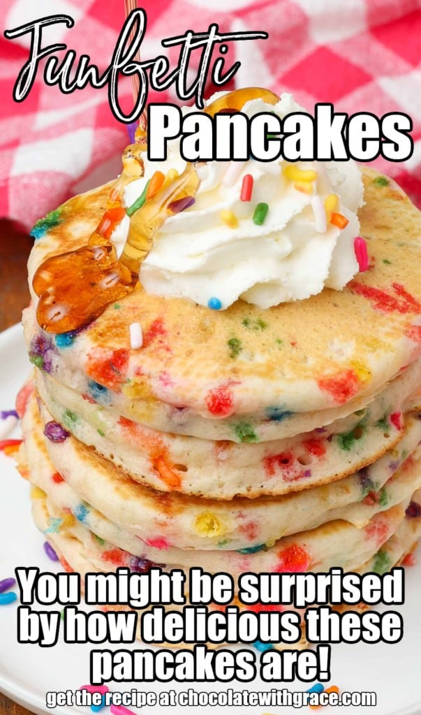 sprinkle pancakes on plate with whipped cream and syrup