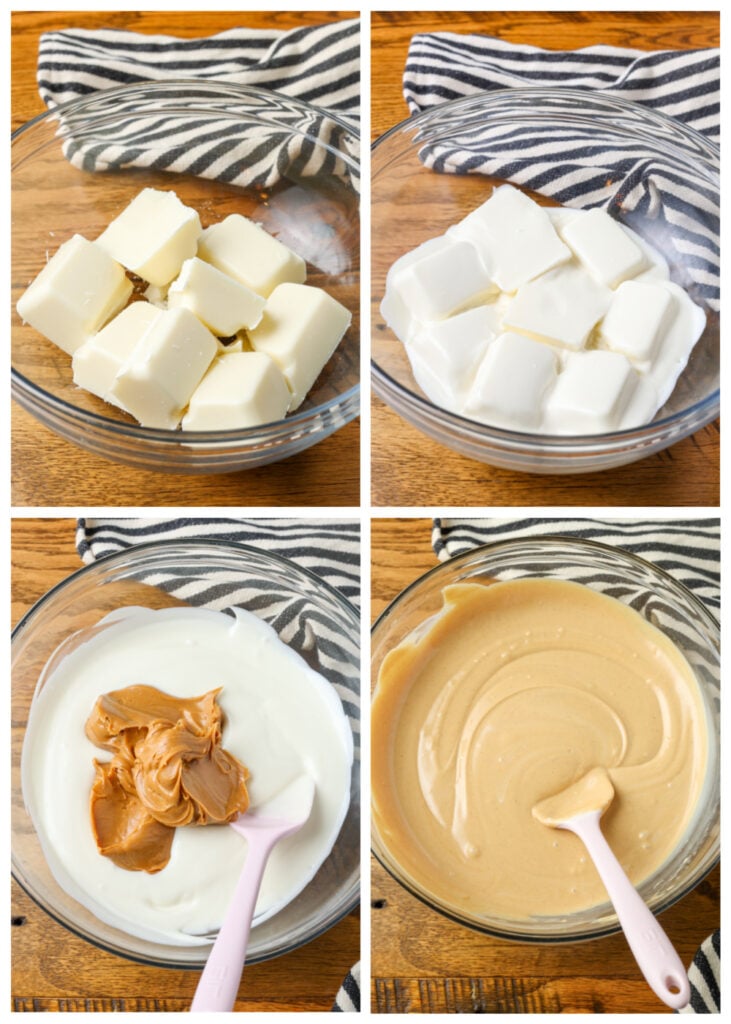 A series of 4 process shots showing how the marshmallows are melted and prepared.